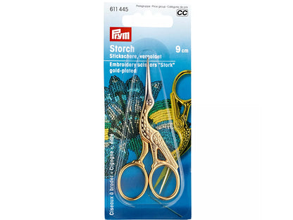 Prym golden embroidery scissors Storch 9cm, gold-plated scissors for precise cutting of threads and fabric.