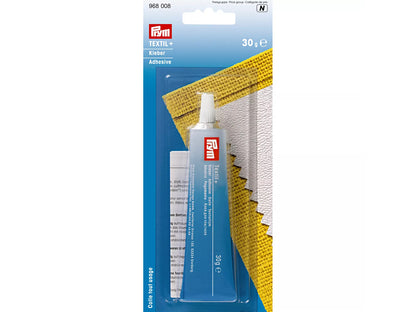 Prym Textilkleber Textil+ solvent-free textile glue for versatile fabric and material bonding applications.