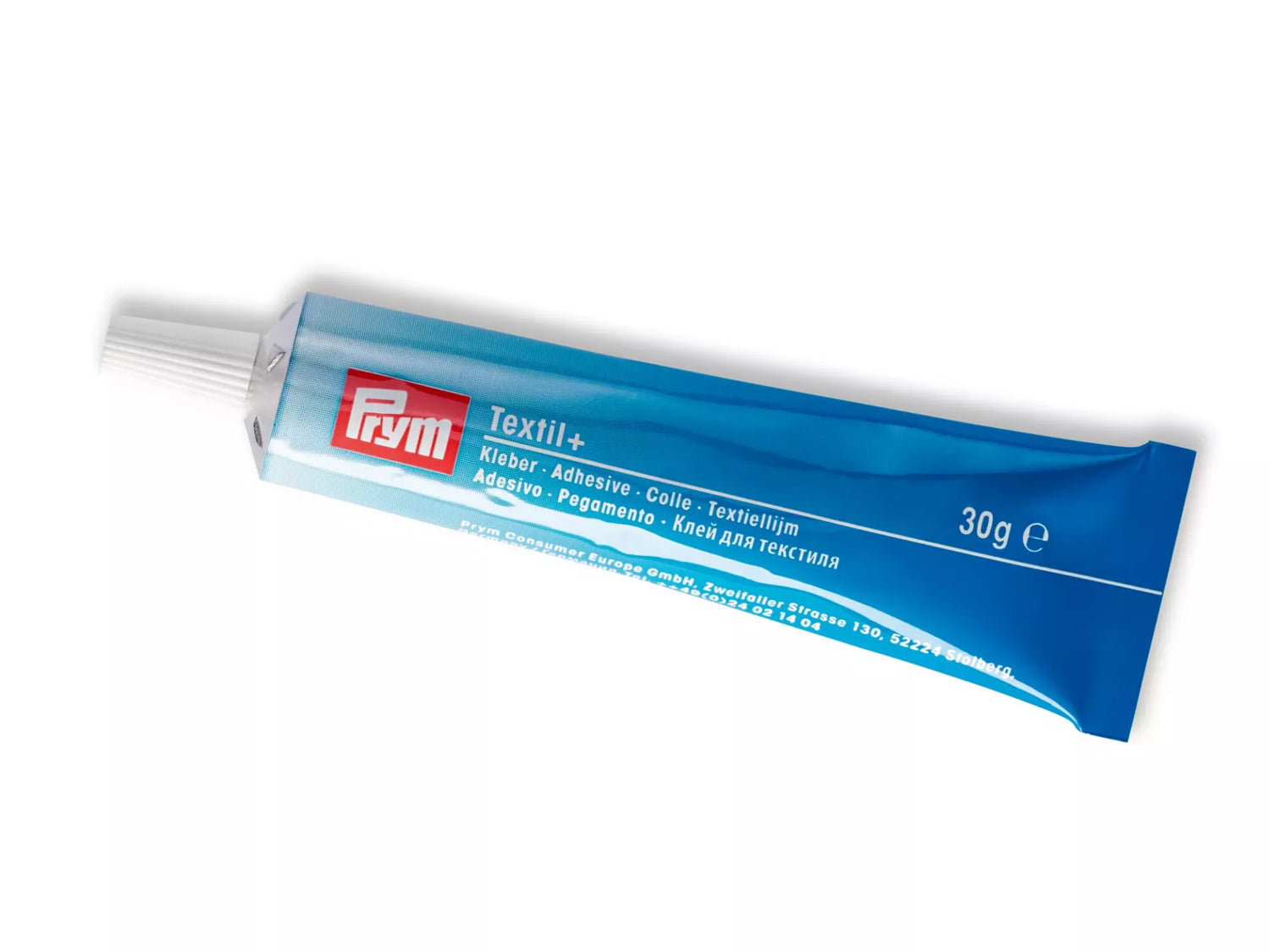 Prym Textilkleber Textil+ packaging, versatile solvent-free textile glue for fabrics, leather, and more.