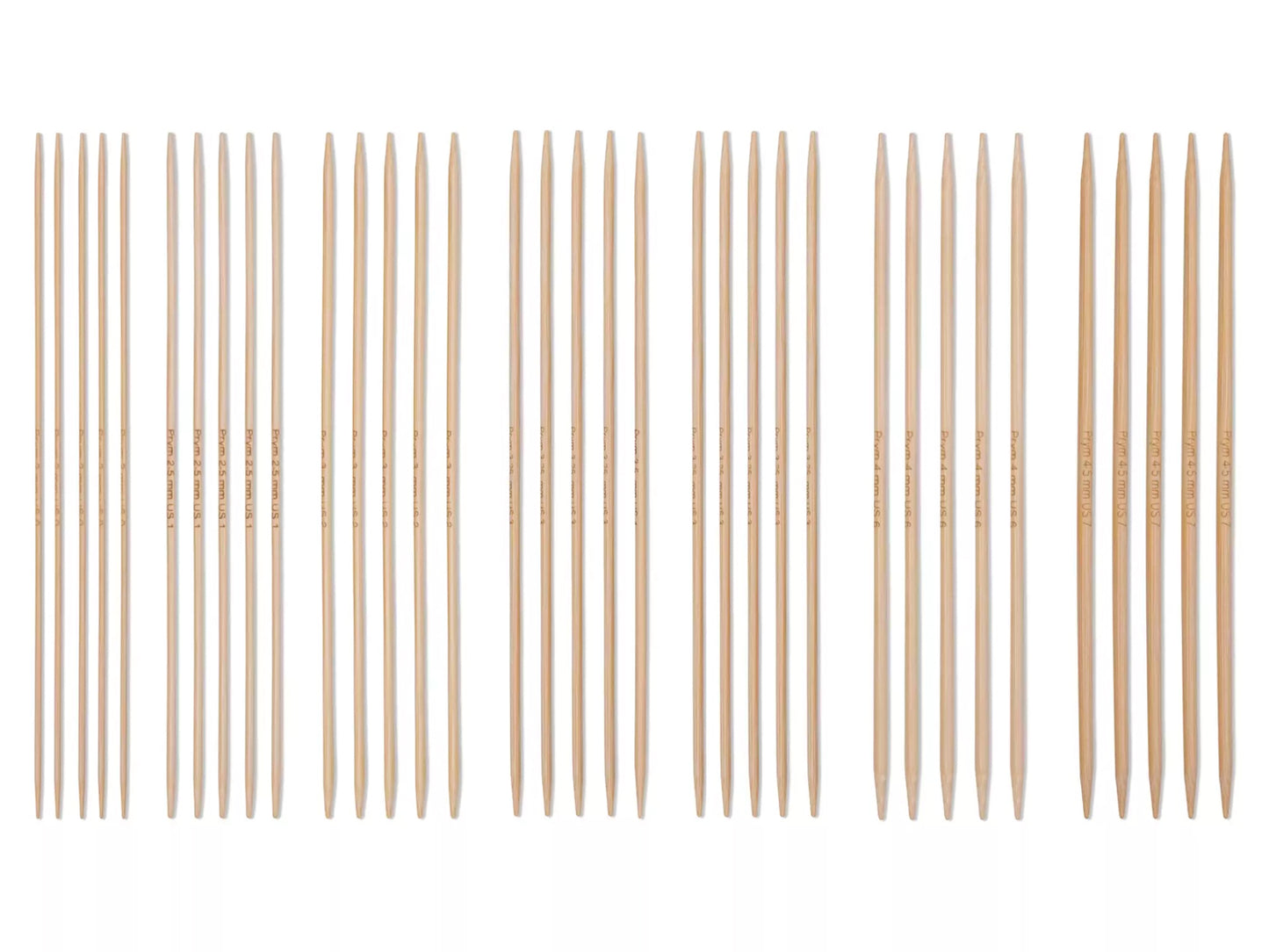 bamboo knitting needle set 2-4.5 mm displayed on a white background, showcasing various lengths and sizes.