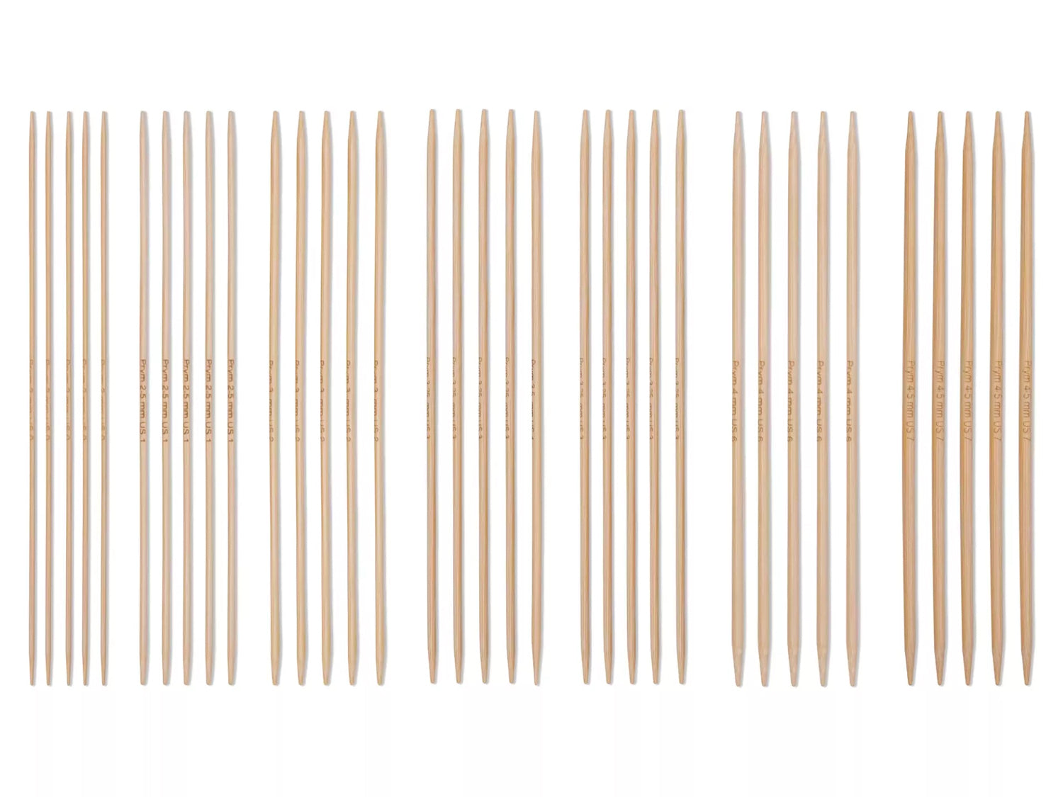 bamboo knitting needle set 2-4.5 mm displayed on a white background, showcasing various lengths and sizes.
