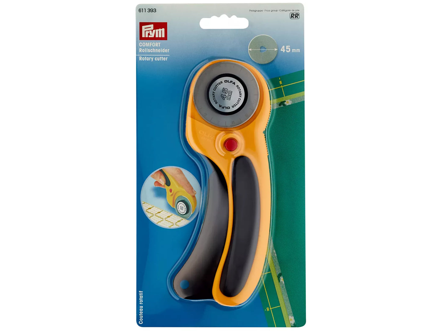 Prym 45mm Comfort rotary cutter - ergonomic design for easy cutting of multiple fabric layers.
