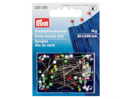 Prym hitzebeständige Glaskopfstecknadeln in Packung, 30 x 0,60 mm, 10 g, mit bunten Glasköpfen auf Nählitzen.