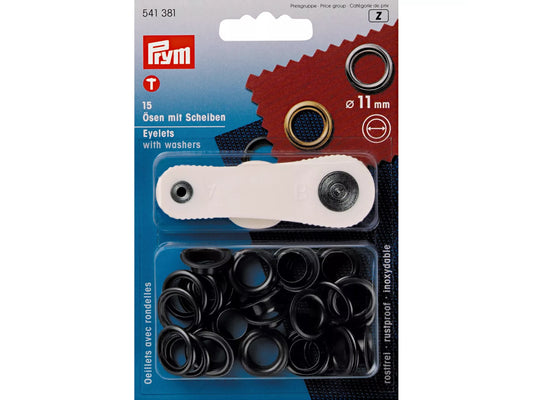 Prym Ösen mit Scheiben 11mm kaufen - Set mit 15 brünierten Ösen und Werkzeug zur unkomplizierten Anwendung.
