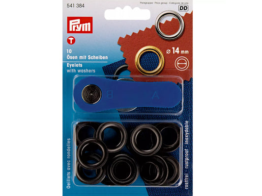 Prym - 10 Ösen mit Scheiben Ø 14mm - brüniert, inklusive Werkzeug für einfache Anwendung.