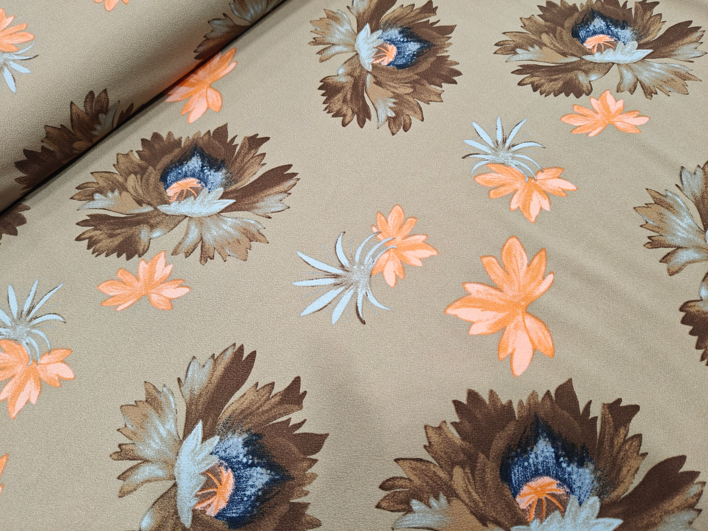 Polyester Jersey Stoff - Blumen beige