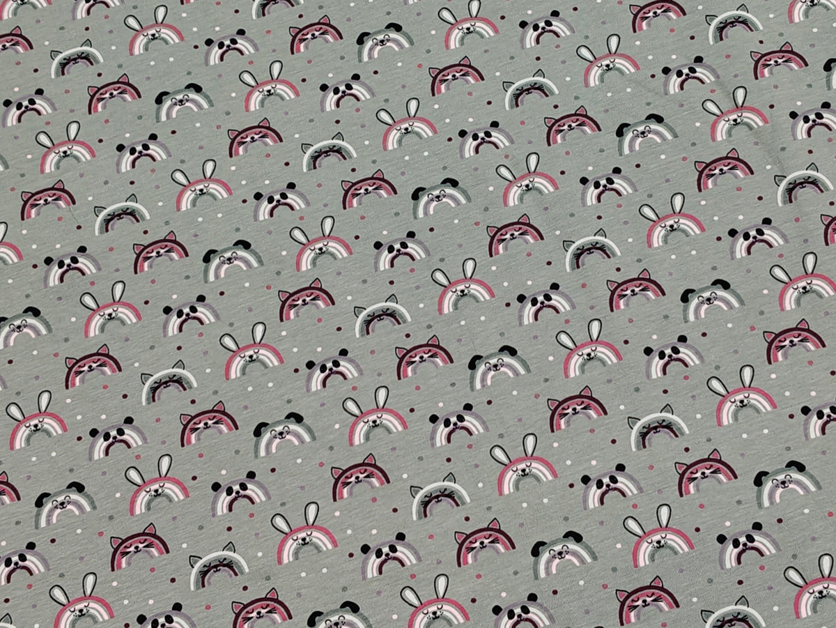 Jersey Stoff - Regenbogen Tiere, altgrün
