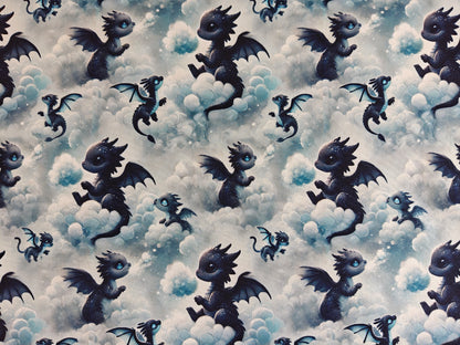 Softshell Stoff - Drache & Wolken