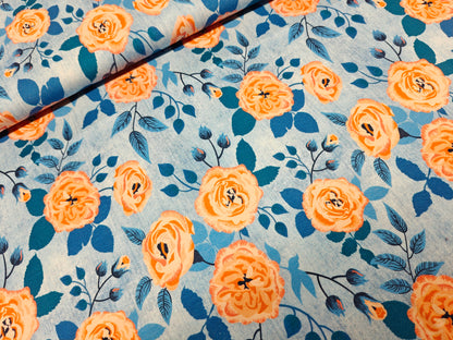 Jersey Stoff - Jeansoptik Blüten apricot
