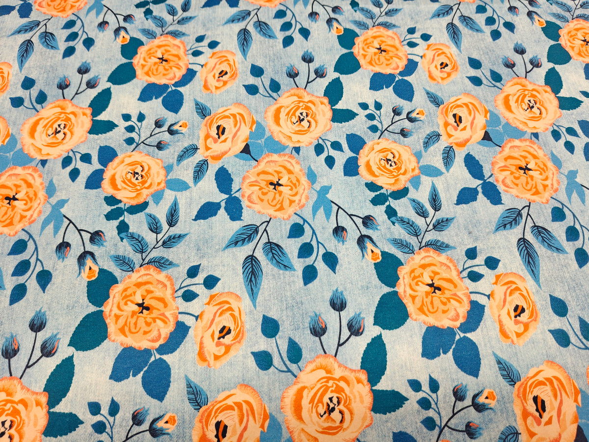 Jersey Stoff - Jeansoptik Blüten apricot