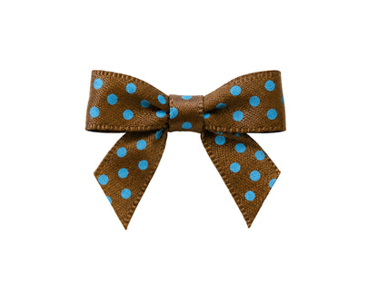 braun-hellblaue satin schleife mit punkten, ca. 35 x 30 mm, 100% Polyester, ideal für Schmuck und Dekoration.