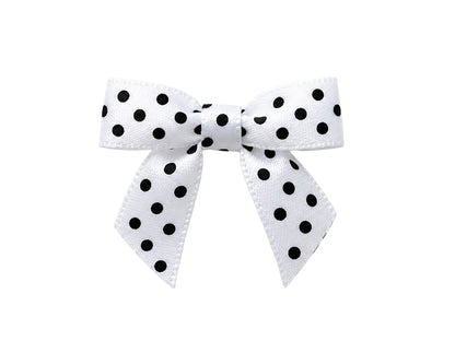 weiße schwarze satin schleife mit punkten, 35 x 30 mm, aus 100% Polyester, ideal für Schmuck und Dekoration.