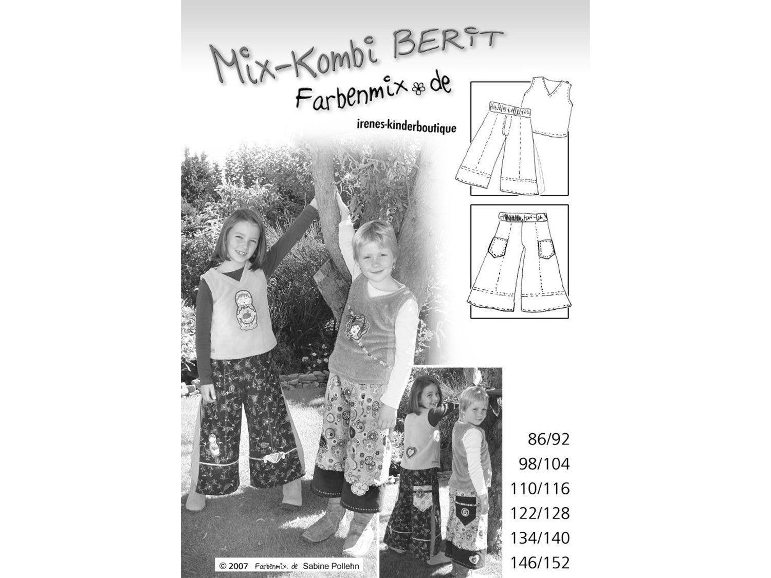 Farbenmix Berit Schnittmuster Papierschnittmuster mit Varianten für verschiedene Größen und Kinderbekleidung.