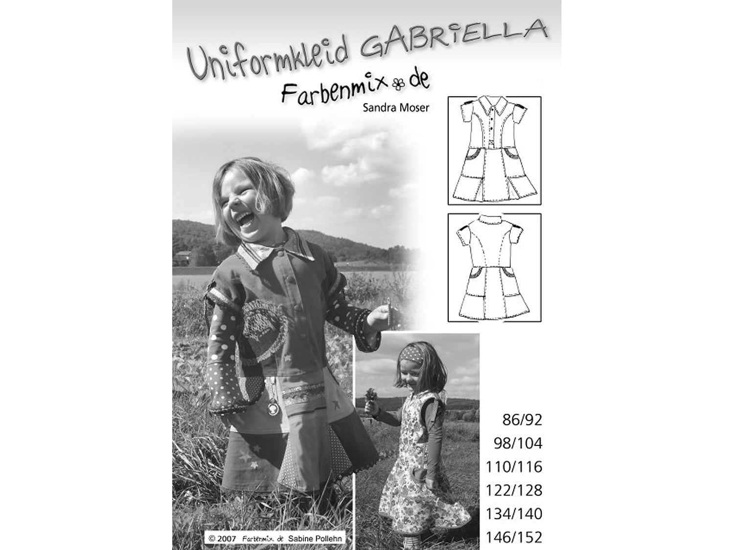 Farbenmix Uniformkleid Schnittmuster von Gabriella mit Größenübersicht für sportliche Mädchen.