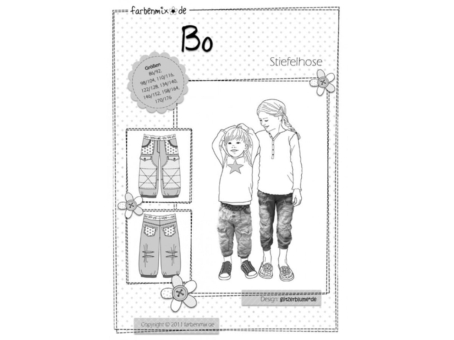Farbenmix Stiefelhose Schnittmuster Papierschnittmuster für verschiedene Größen und Designoptionen.