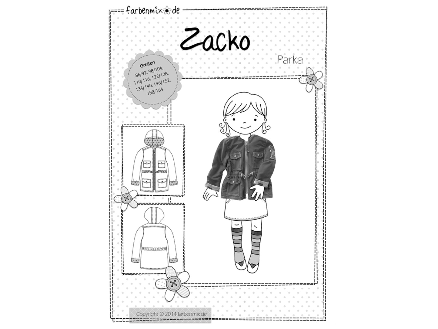 Farbenmix Parka Schnittmuster Zacko für Kinder mit verschiedenen Größen und detaillierter Schnittzeichnung.