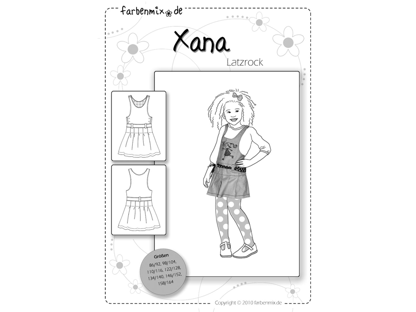 Farbenmix Latzrock Schnittmuster - Xana, Papierschnittmuster mit Größenangaben und Design für Kinder.