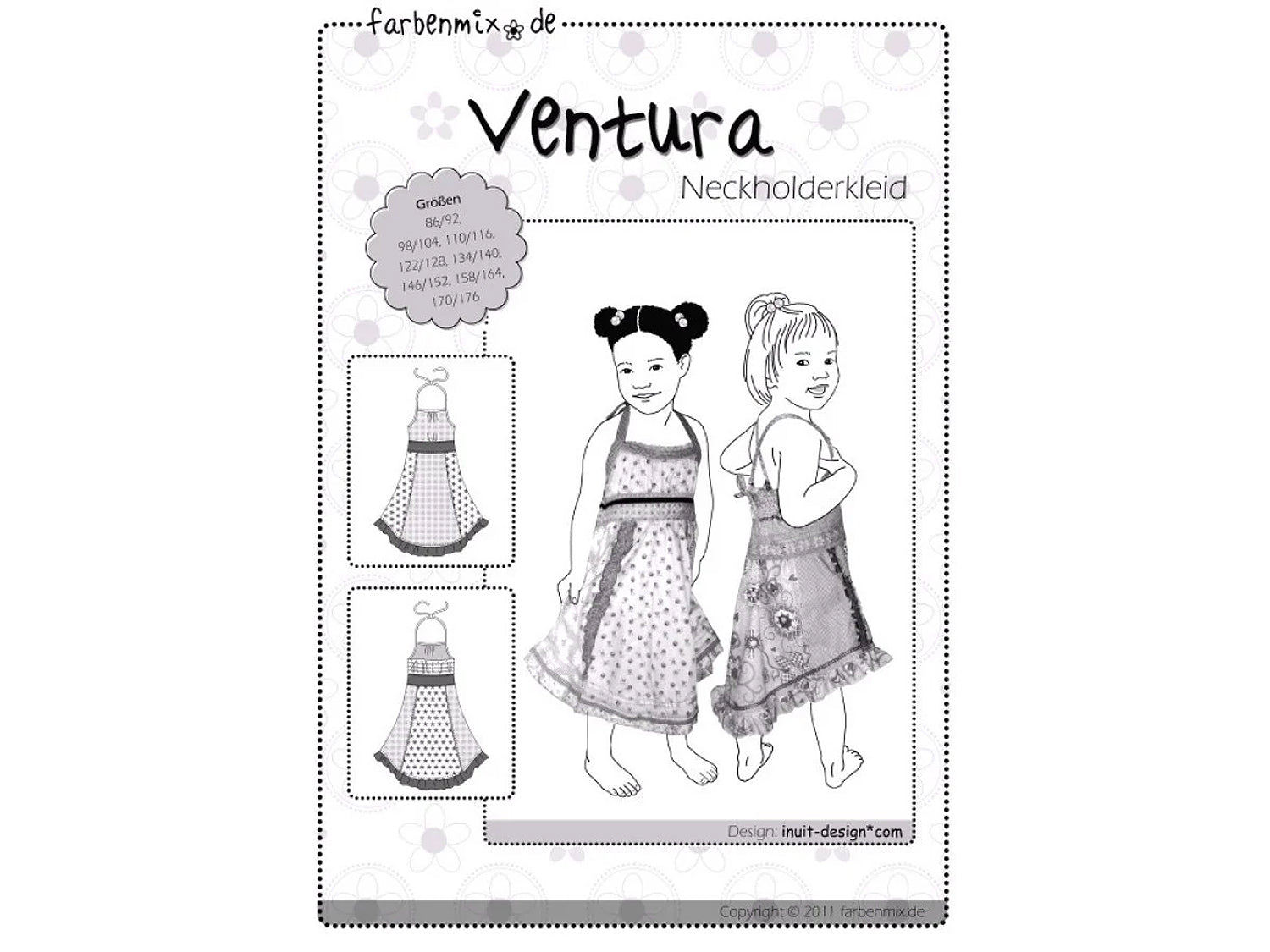 Farbenmix Schnittmuster Ventura für Neckholderkleid mit Größen für Mädchen abgebildet.
