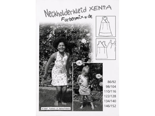 Farbenmix Schnittmuster - Neckholderkleid - Xenia mit Größenangaben 86/92 bis 146/152 und Modellschnitt.