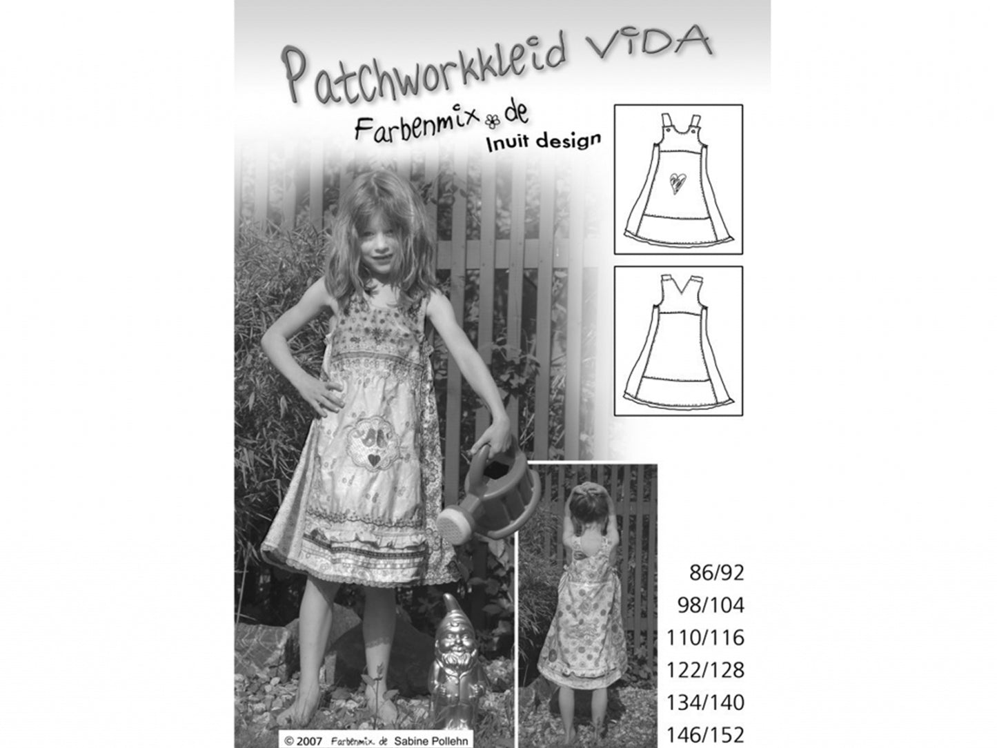 Farbenmix Patchworkkleid Schnittmuster - Kinder tragen das Trägerkleid VIDA in verschiedenen Größen abgebildet auf dem Schnittbogen.