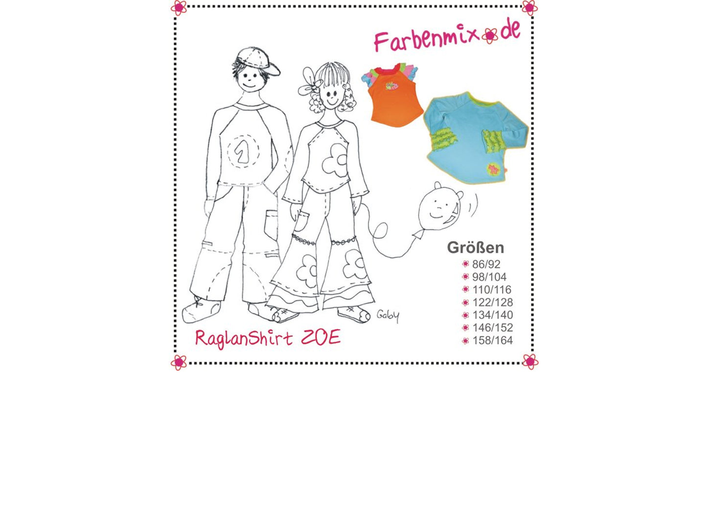 Farbenmix Kinder Raglanshirt Schnittmuster Illustrationen mit Größenoptionen und Shirt ZOE Design.