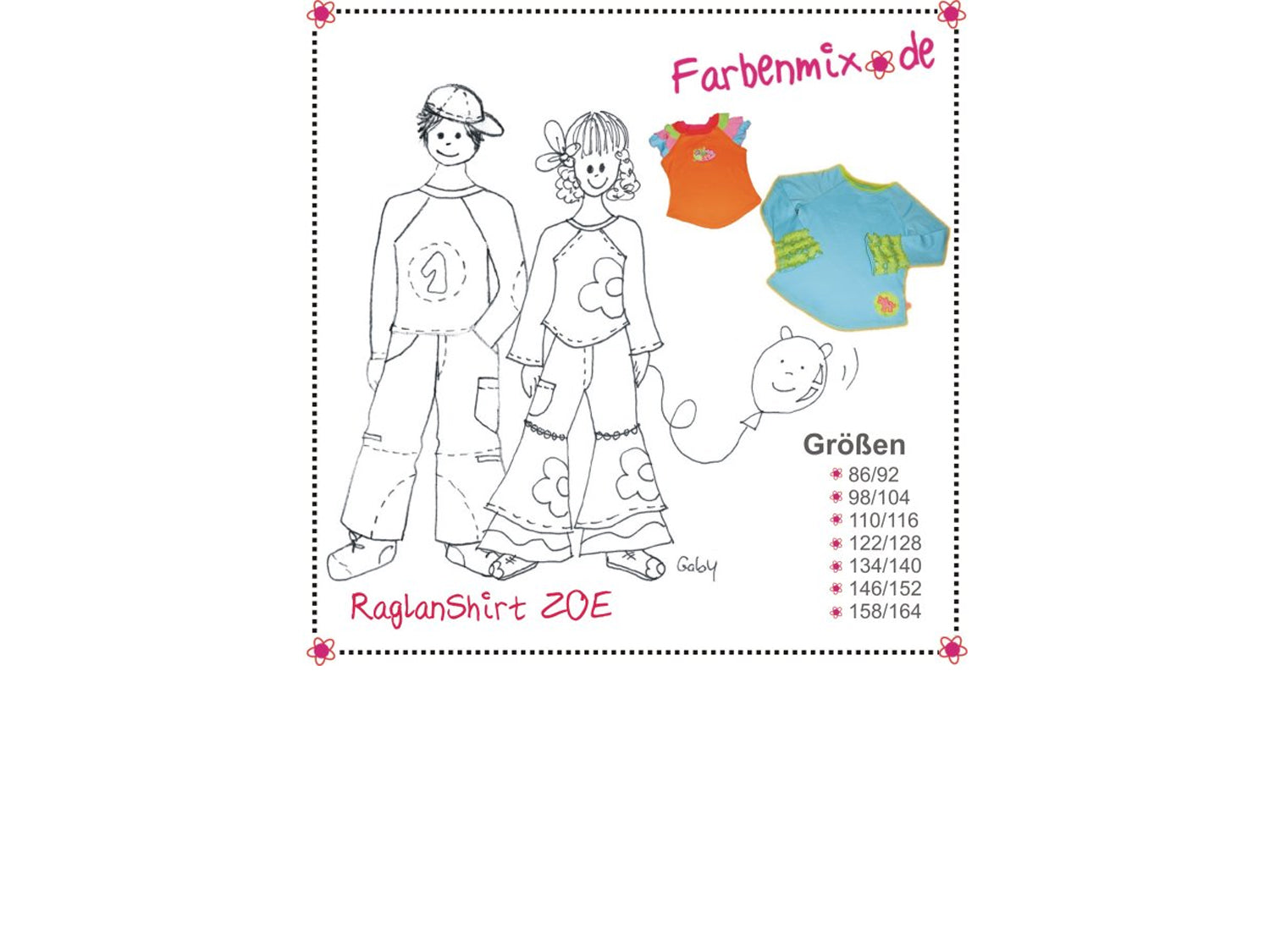 Farbenmix Kinder Raglanshirt Schnittmuster Illustrationen mit Größenoptionen und Shirt ZOE Design.