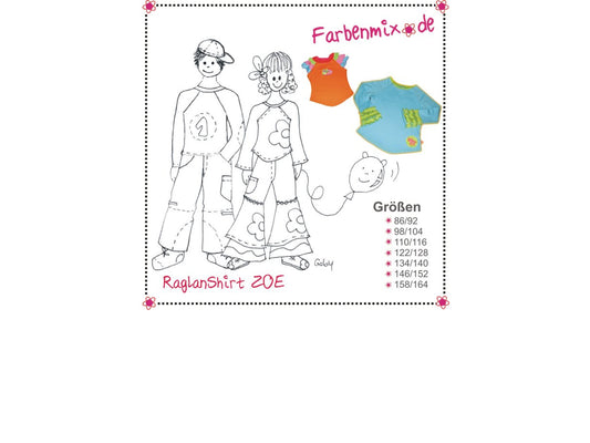 Farbenmix Kinder Raglanshirt Schnittmuster Illustrationen mit Größenoptionen und Shirt ZOE Design.