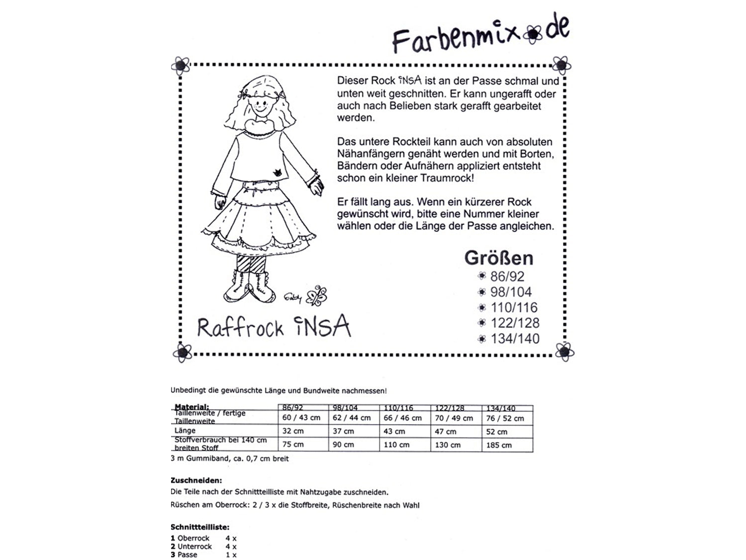 Farbenmix Schnittmuster Raffrock Insa, Kinderrock Papierschnittmuster in verschiedenen Größen: 86/92 bis 134/140.