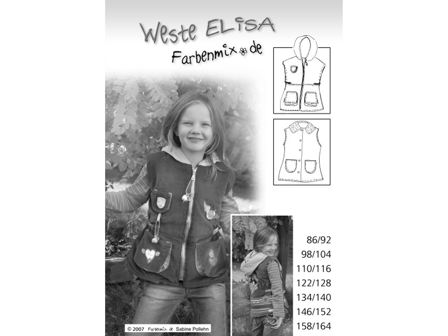 Farbenmix Schnittmuster Weste Elisa Papierschnittmuster für Kinder in verschiedenen Größen abgebildet.