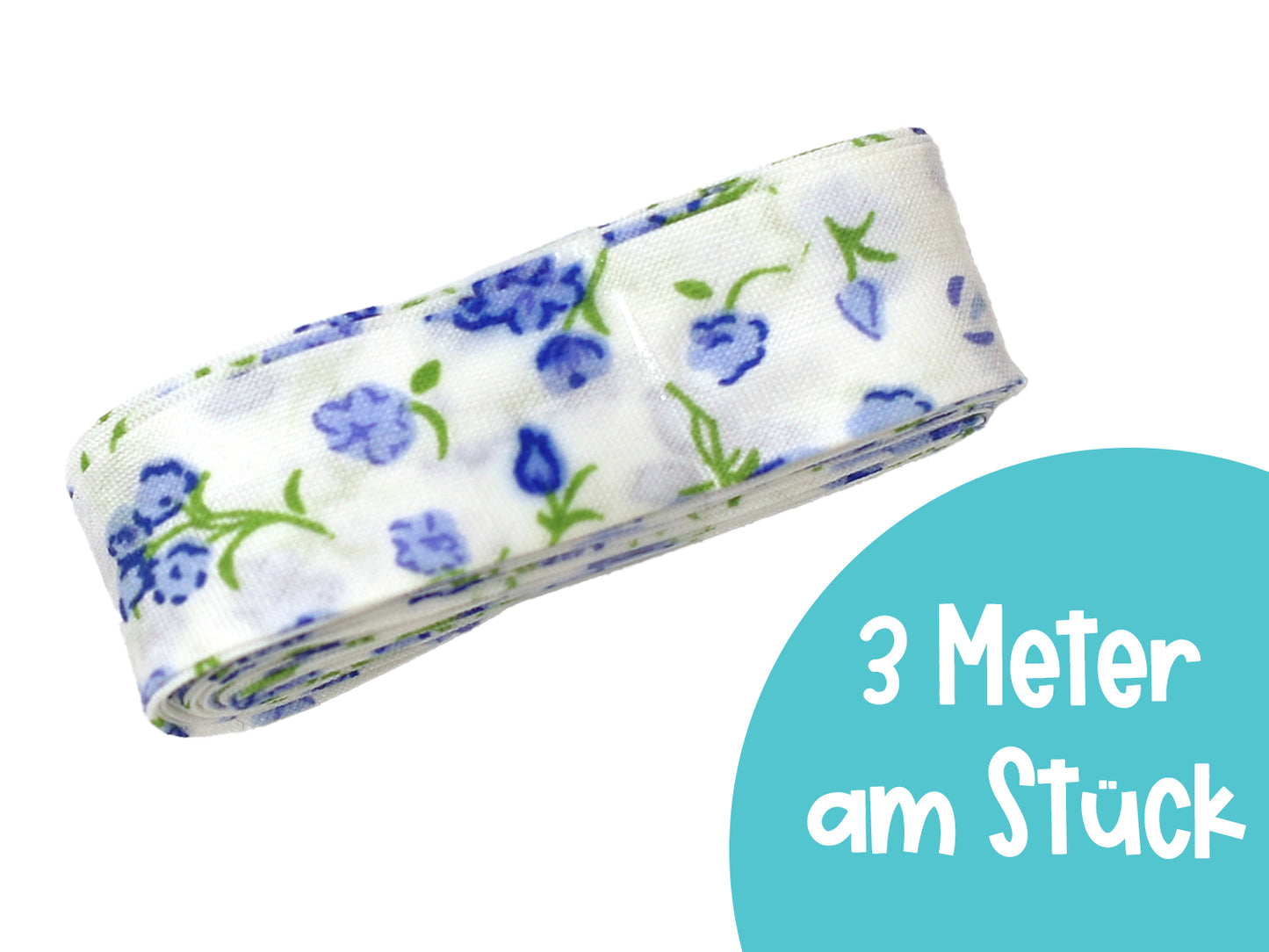 3m Schrägband - Blumen - weiß-blau