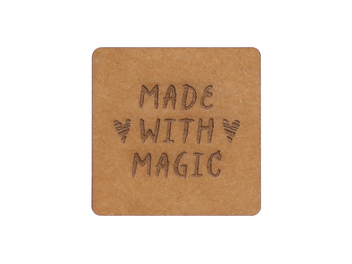 SnaPpap Label in brown with the text 'Made with Magic' for vegan snappap labels, perfect for DIY projects.
