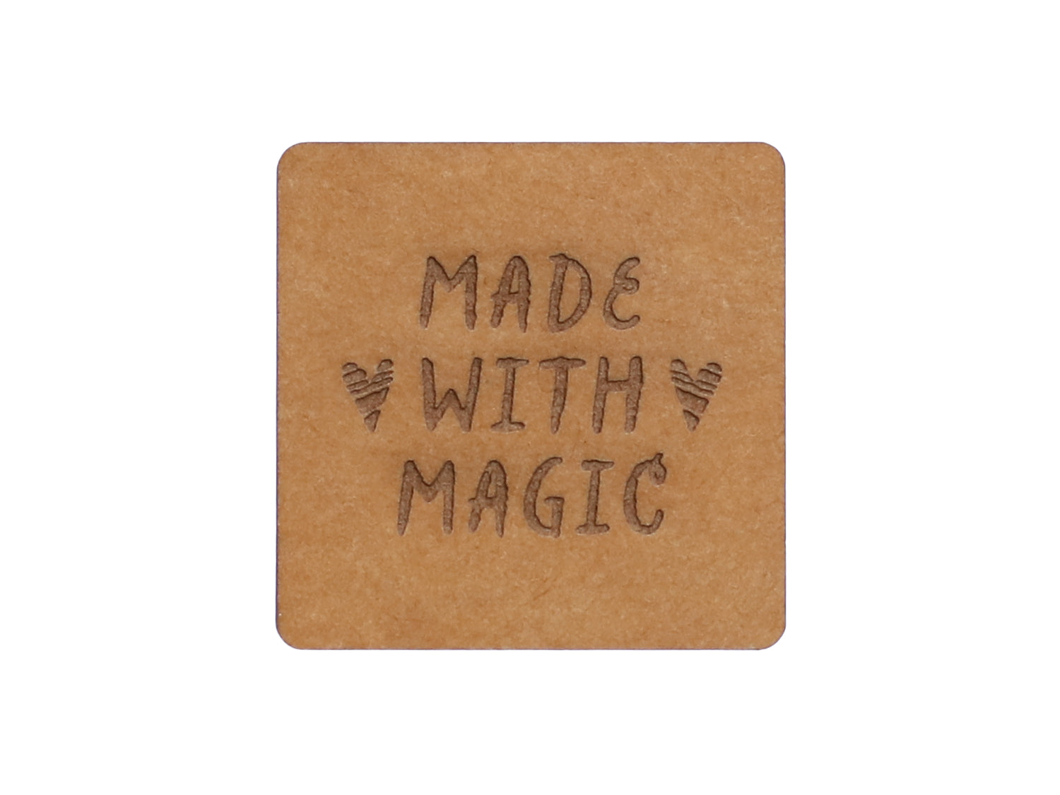SnaPpap Label in brown with the text 'Made with Magic' for vegan snappap labels, perfect for DIY projects.