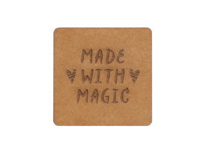 SnaPpap Label in brown with the text 'Made with Magic' for vegan snappap labels, perfect for DIY projects.