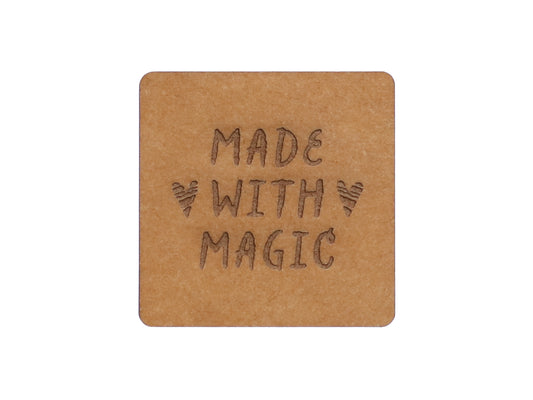 SnaPpap Label in brown with the text 'Made with Magic' for vegan snappap labels, perfect for DIY projects.