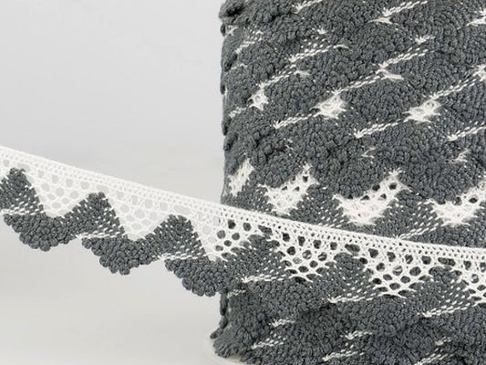 Spitze zweifarbig anthrazit, weiß - 20mm, aus 70% Baumwolle, 30% Polyester, waschbar bis 30 Grad. zweifarbige Spitze anthrazit weiß 20mm