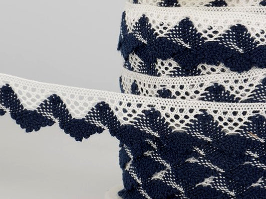 Zweifarbige spitze 20mm marine weiß aus 70% Baumwolle und 30% Polyester, waschbar bis 30 Grad.