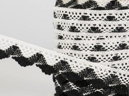 Spitze zweifarbig - 20mm - schwarz, weiß, ideal für Nähprojekte und Dekoration. zweifarbige spitze 20mm schwarz weiß.