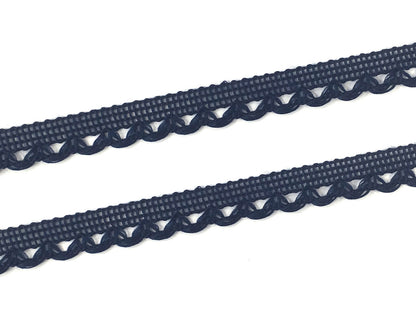 Marine lace trim 11mm in a delicate dark blue design, perfect for enhancing garments and accessories.