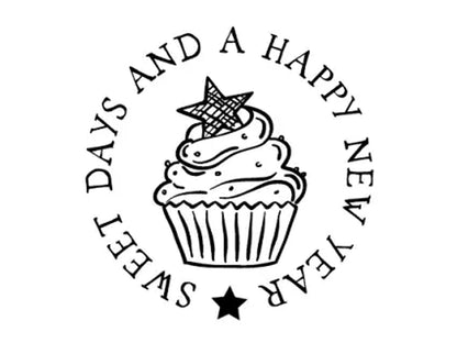 Holzstempel mit Motiv eines Cupcakes und dem Text "Sweet Days and a Happy New Year" - sweet days wood stamp.