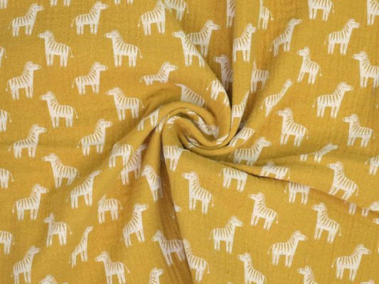 stoff-baumwolle-baumwollstoff-musselin-double-gauze-tier-zebra-senf