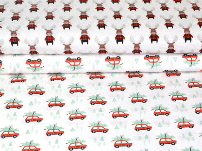 Patchworkstoff - Baumwolle Stoff - Reindeer Lodge, Lumberjack Moose with moose and car patterns in red and white.