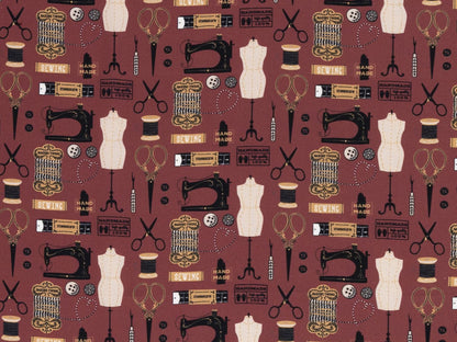 stoff-baumwolle-baumwollstoff-swafing-kim-naehutensilien-naehmaschine-schere-garn-bordeaux-rotbraun