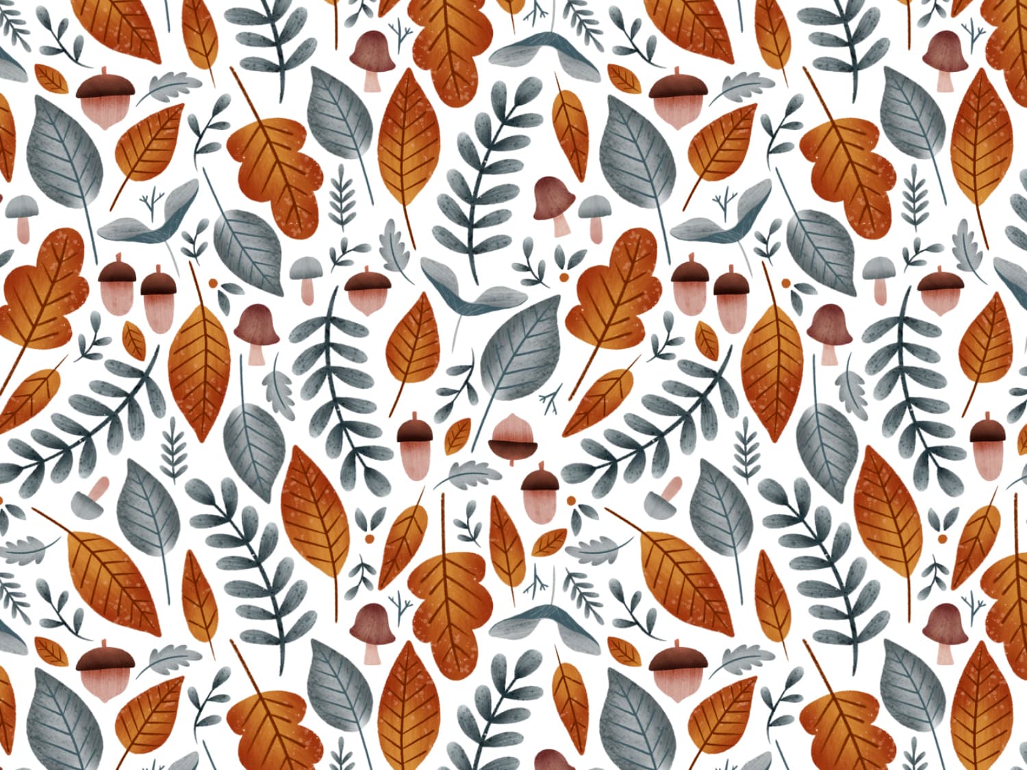stoff-baumwolle-french-terry-sommersweat-kathi-kunterbunt-herbst-blaetter-laub-pilze-eicheln-autumn-ocker-graublau