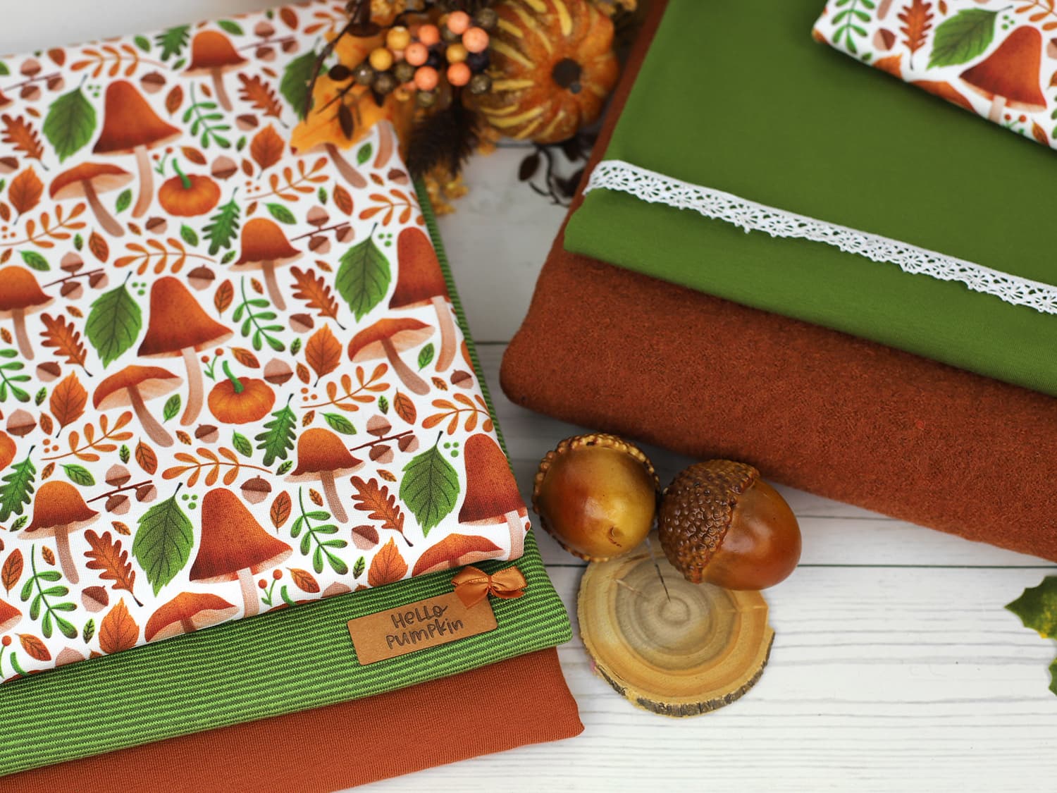 stoff-baumwolle-french-terry-sommersweat-kathi-kunterbunt-herbst-blaetter-laub-pilze-eicheln-kuerbis-fall-gruen-orangerot-serie-2