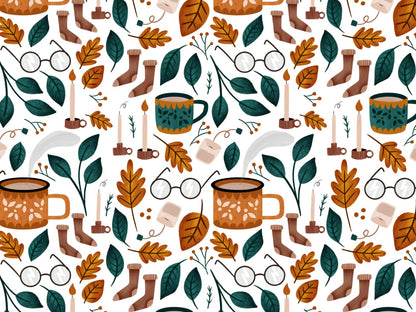 stoff-baumwolle-french-terry-sommersweat-kathi-kunterbunt-herbst-herbsttag-hygge-tasse-brille-blaetter-socken-kerze-laub-ocker-petrol-1