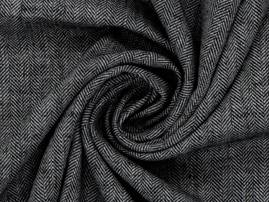 Leinen-Baumwolle Mischgewebe PAUL - FISCHGRAT, schwarz meliert, feines Herringbone-Muster in Schwarz.