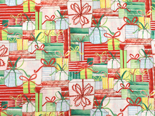 Patchworkstoff - Baumwolle Stoff - Joy & Wonder, Geschenke mit bunten Geschenken auf rotem Hintergrund