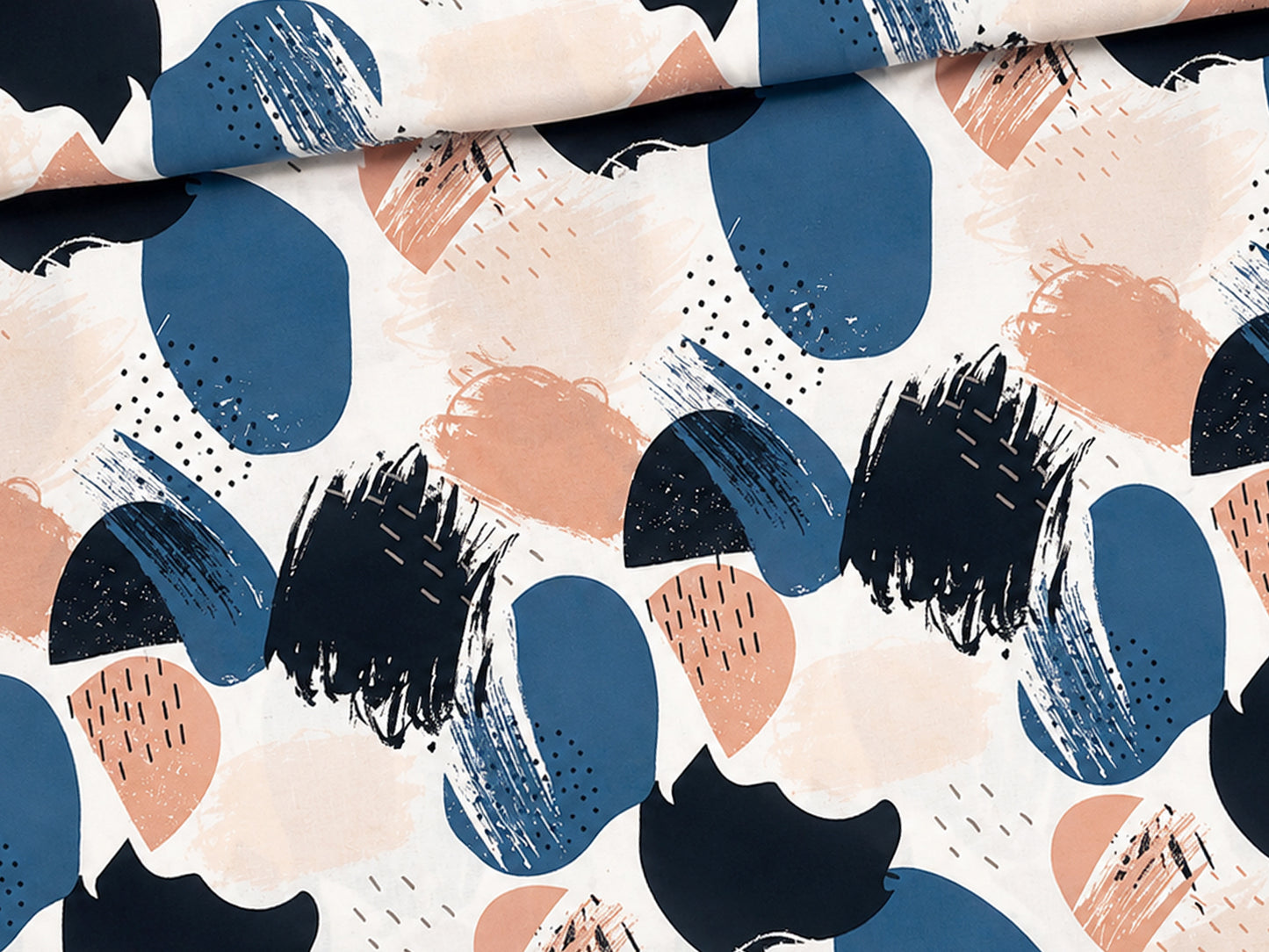 Patchwork cotton fabric featuring colorful abstract shapes in blue, peach, and white for creative sewing projects.
