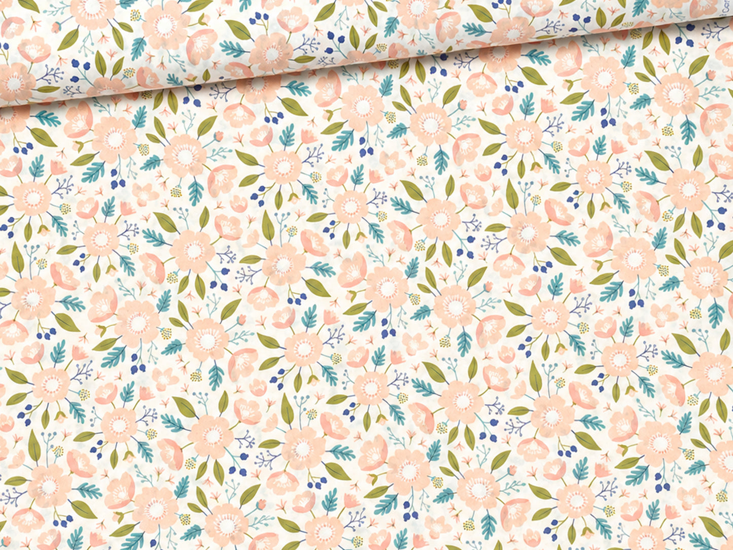 Baumwolle Patchworkstoff Meadow in fröhlichem Blumenmuster mit zarten Farben und botanischen Details.