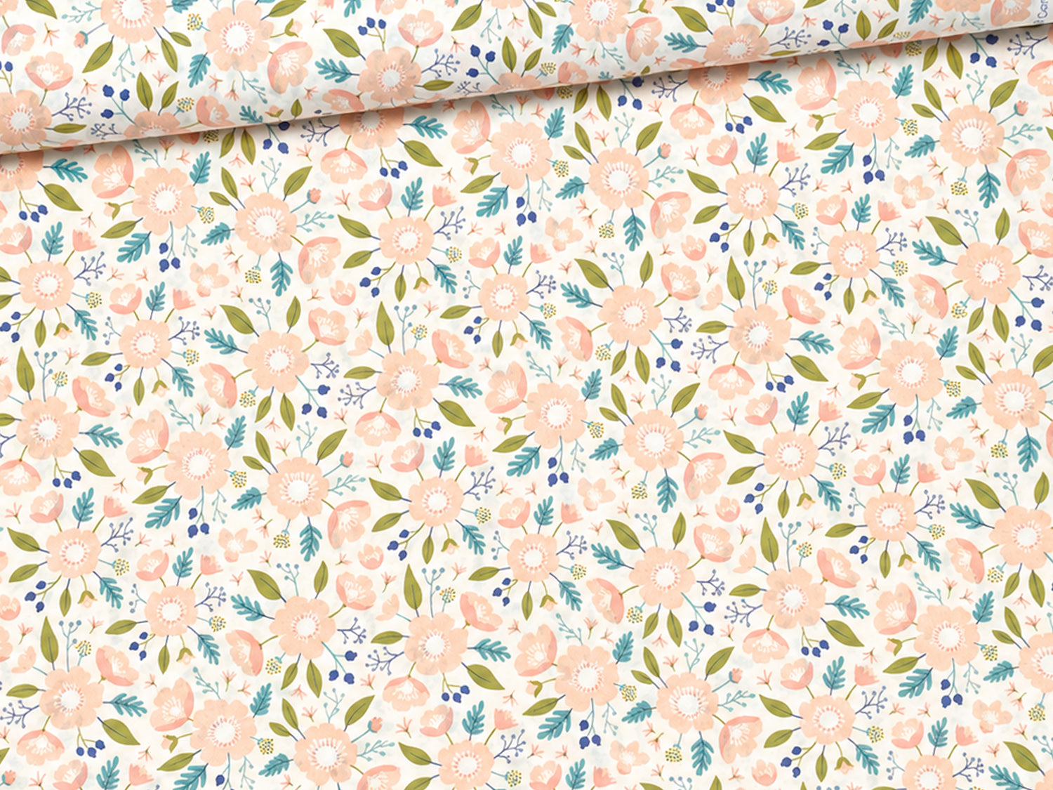 Baumwolle Patchworkstoff Meadow in fröhlichem Blumenmuster mit zarten Farben und botanischen Details.